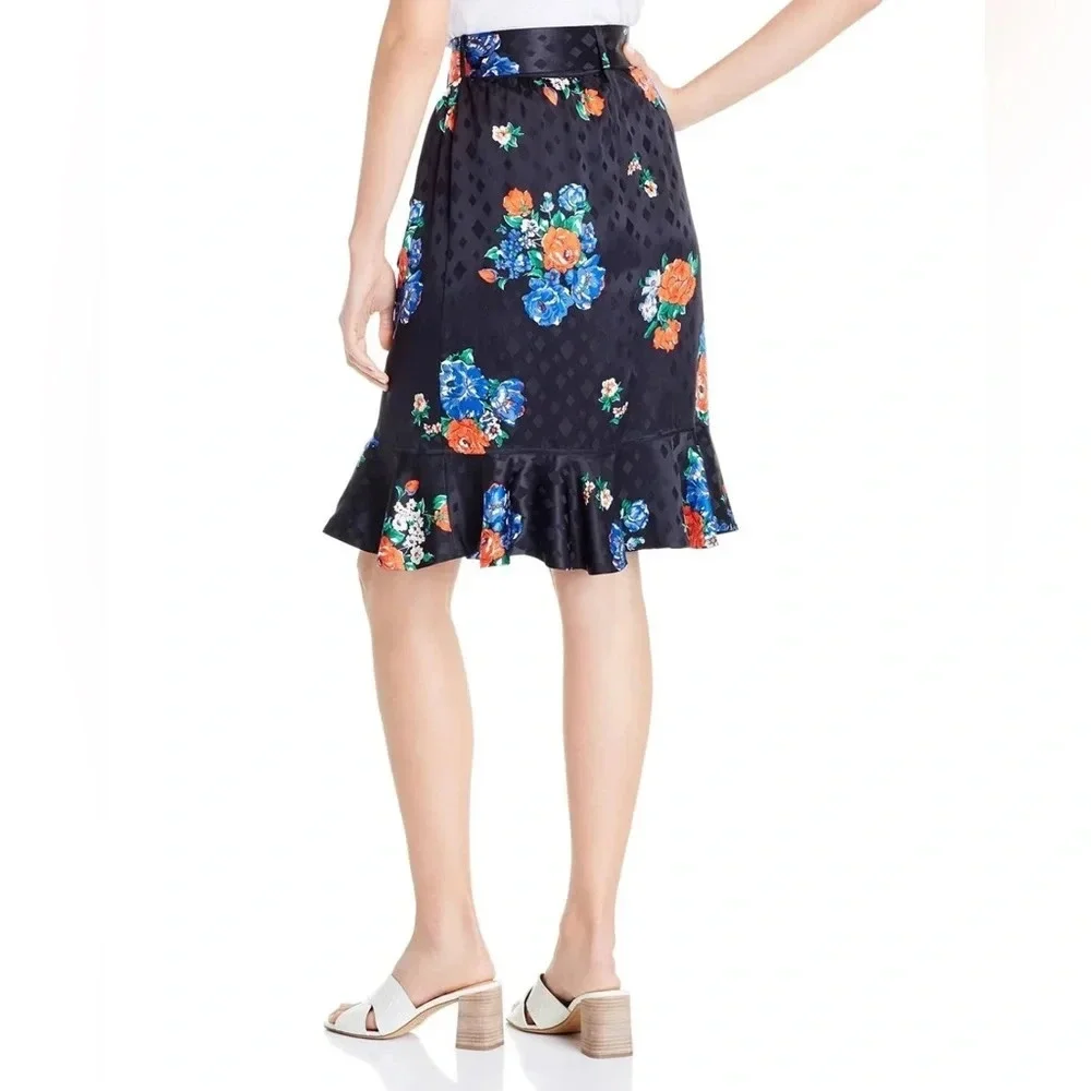 Tory Burch Womens Ruffled Floral Silk Jacquard Skirt 6 Navy Tea Rose - NWT $498